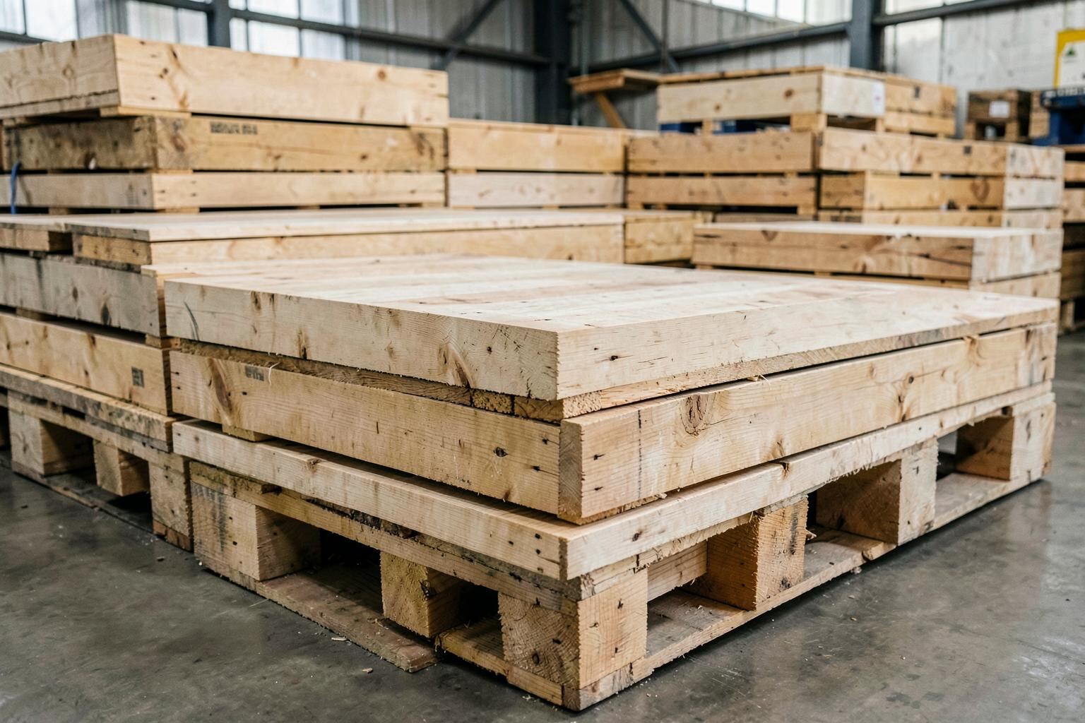 CP-format chemical industry pallets stacked in a yard