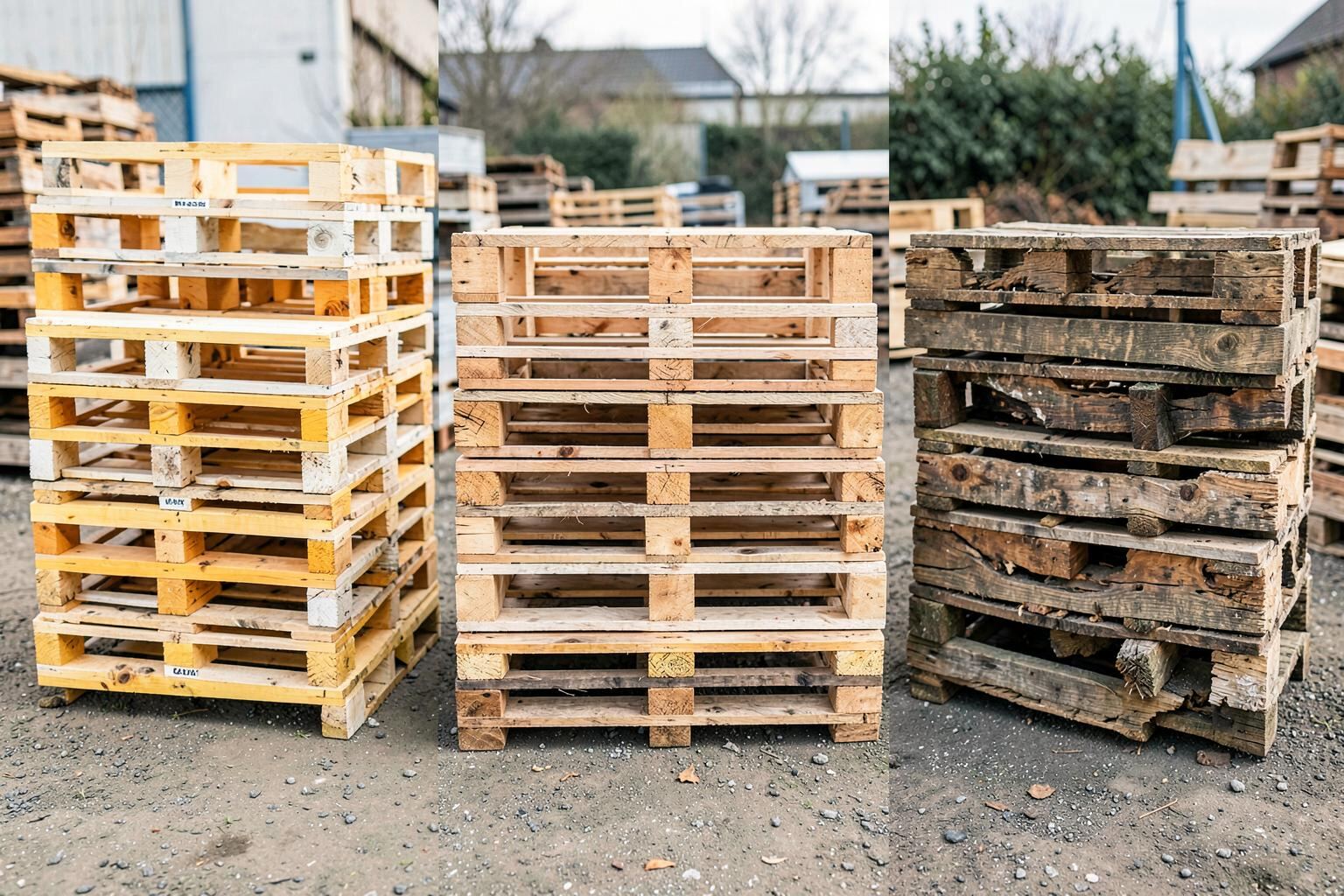 Timber pallets of different grades stacked side by side
