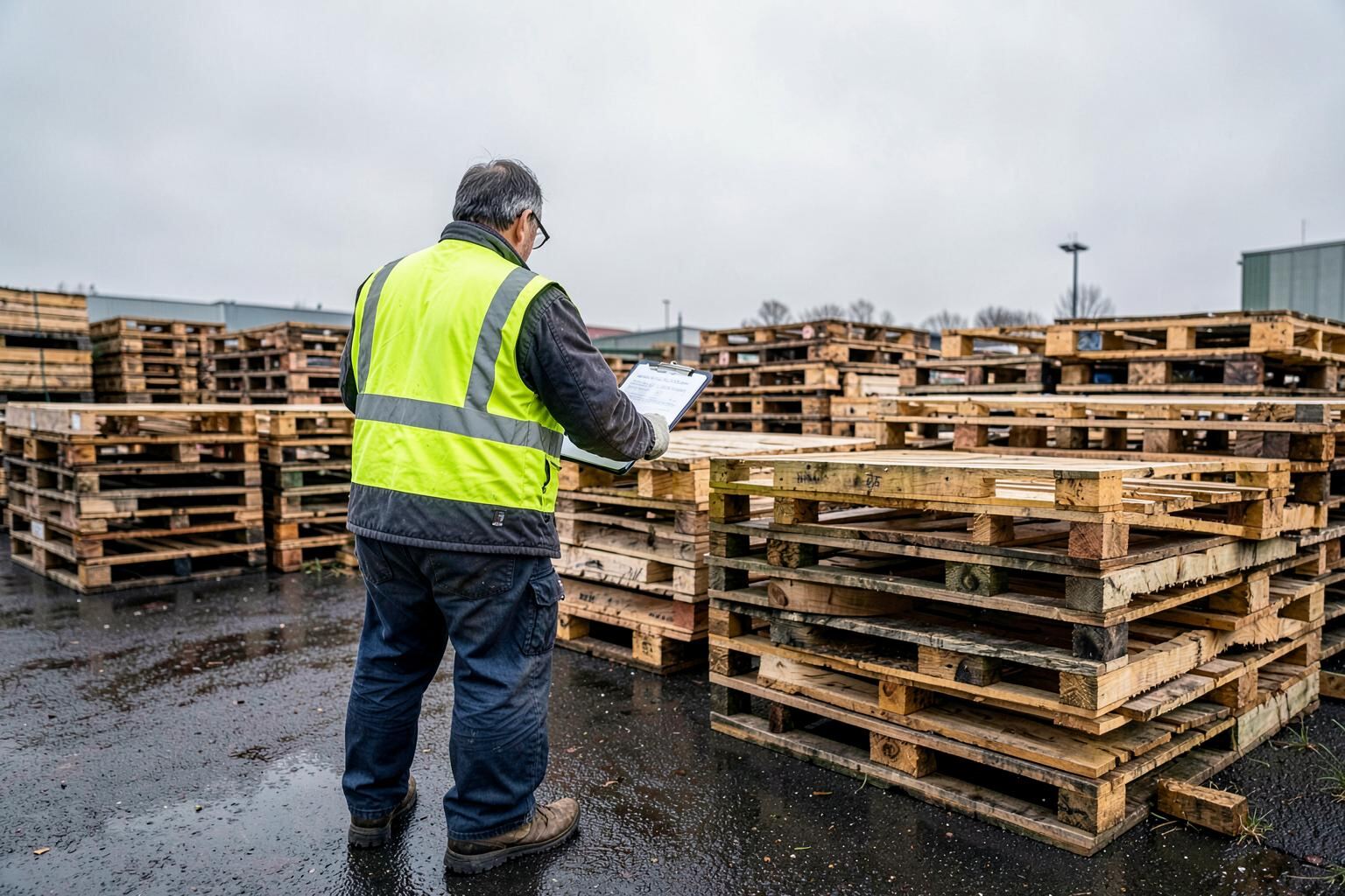 Sorted stacks of reusable timber pallets being graded in a yard
