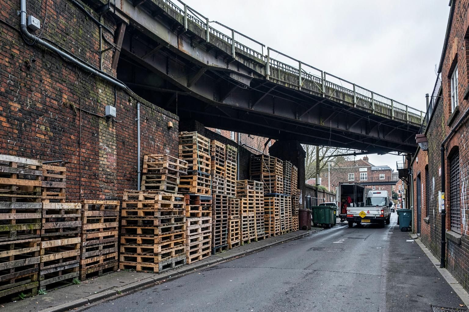 A West London railway-arch yard with pallets stacked against brickwork