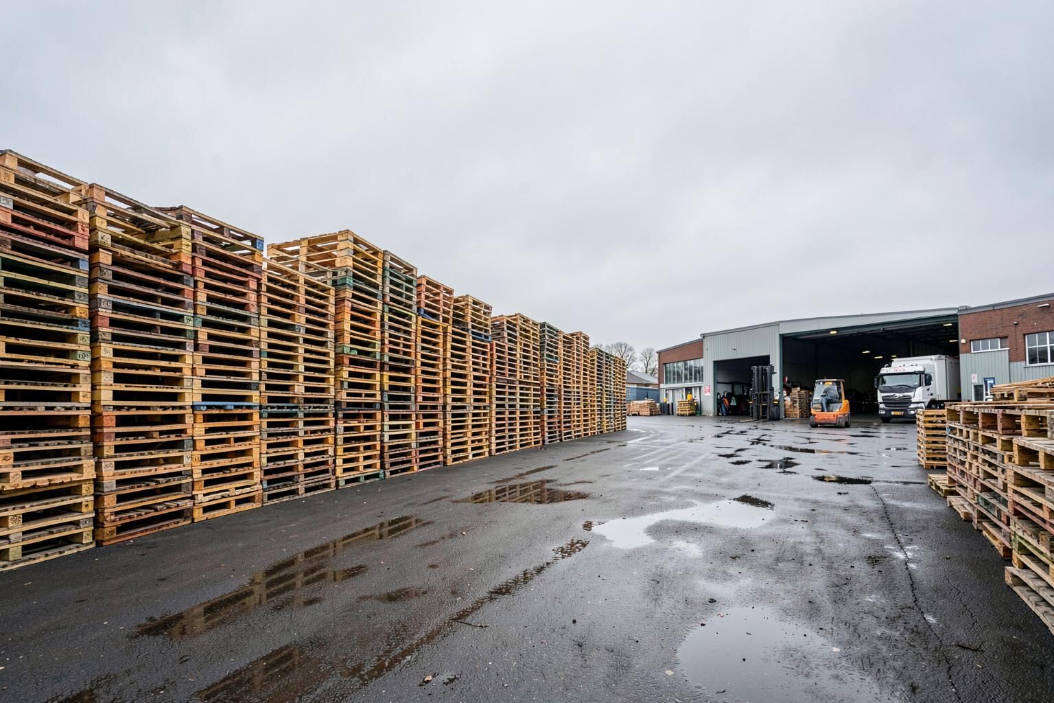 A pallet depot yard with graded stacks and loading vehicles