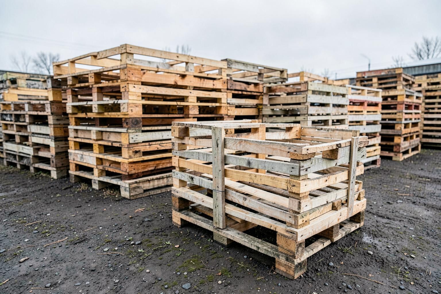Lightly used timber pallets stacked ready for reuse