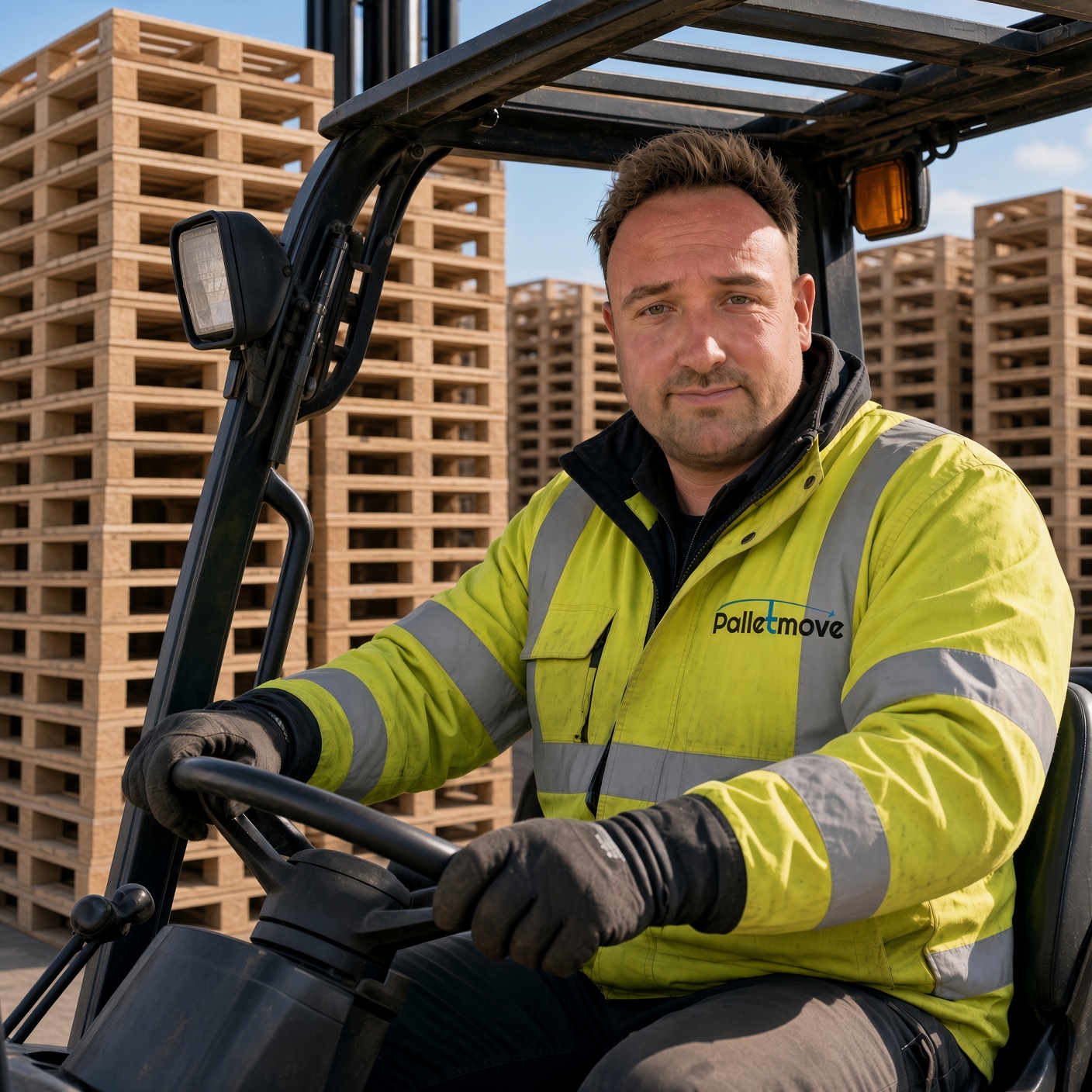 Kyle Wetselaar, Co-Founder and Operations Director of Palletmove, operating a forklift among stacked pallets