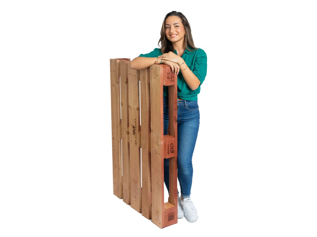 Brick-brown IPP pooled wooden pallet stood on its edge, with “Property of IPP” branded on the block and stringer faces