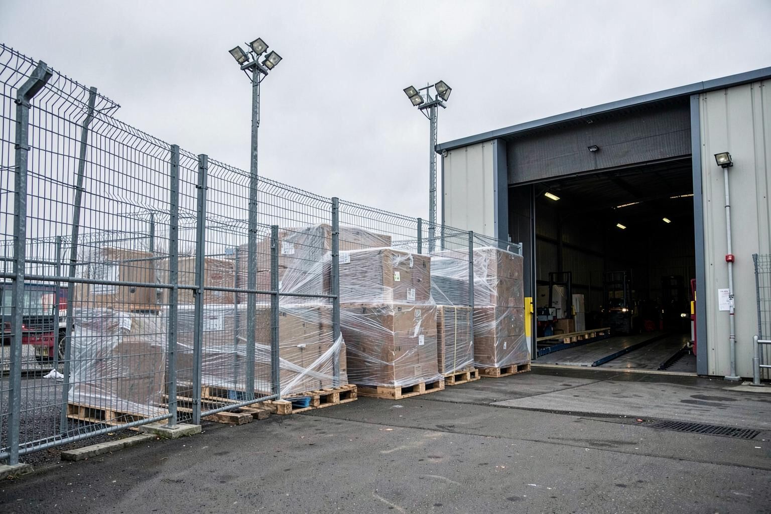 An air-cargo handling estate with palletised freight at a dock door