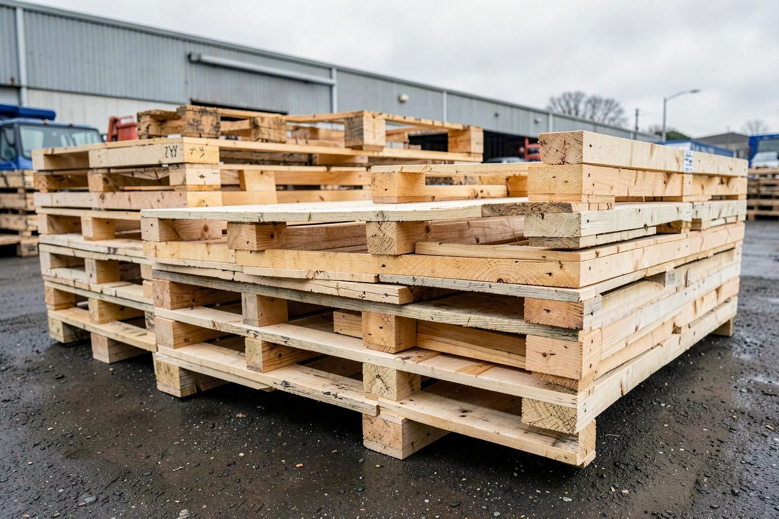 UK standard timber pallets stacked in a supply yard