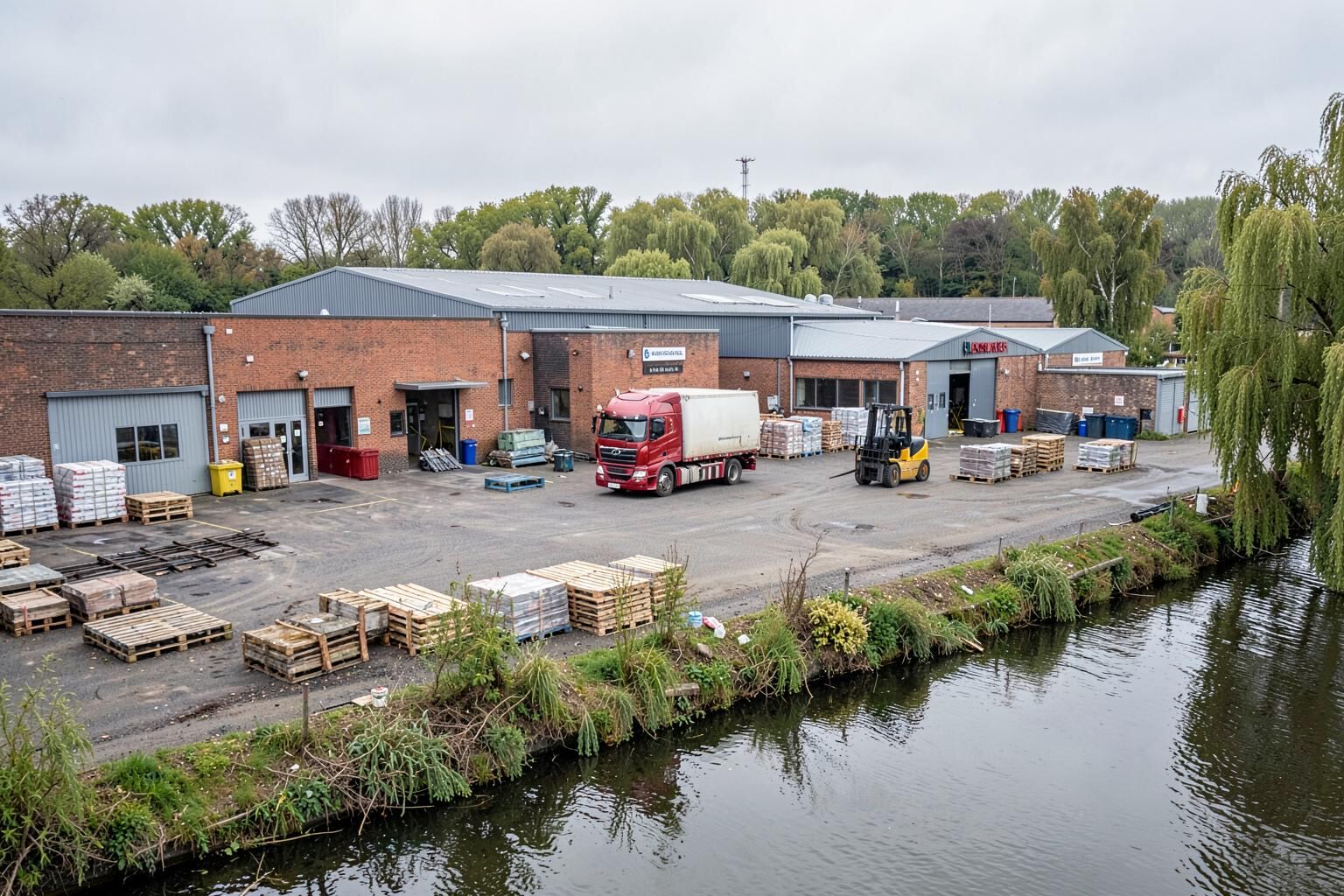A Reading riverside trading estate with palletised goods