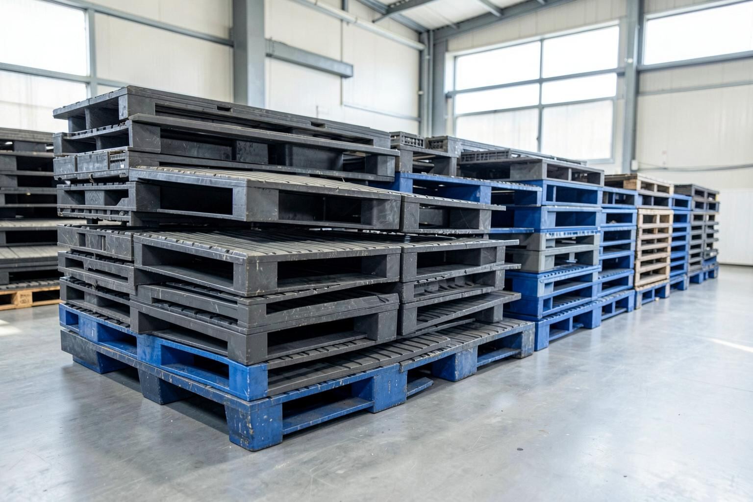 Plastic pallets stacked in a hygienic warehouse setting