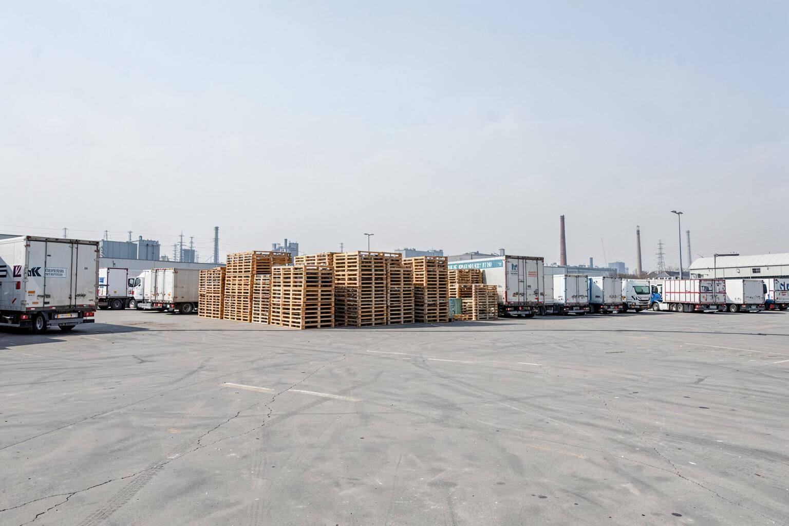 A large bulk logistics yard with banded stacks of pallets