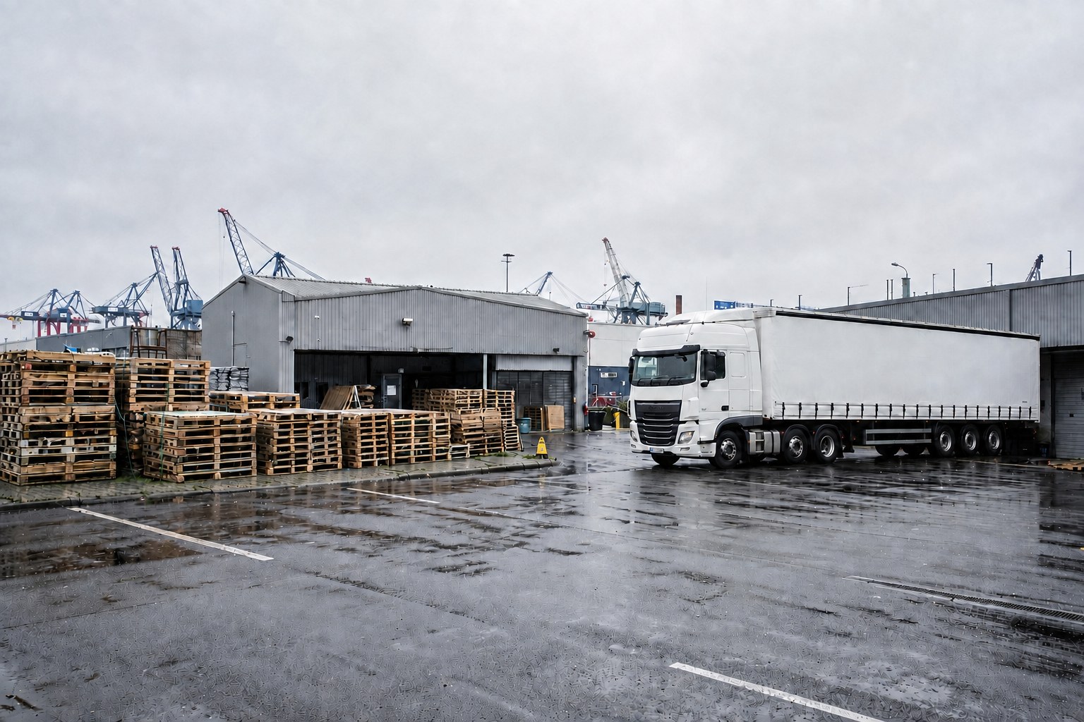 Unbranded curtain-side lorry beside stacked timber pallets in a Southampton dockside yard