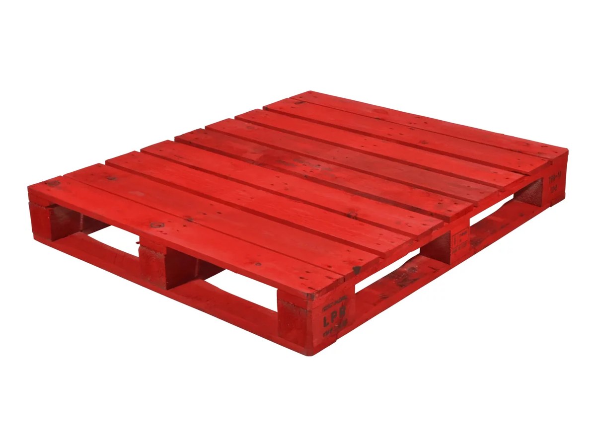 Red LPR pooled wooden UK-size pallet painted red across the whole deck and blocks, with an LPR ownership stamp on a corner block