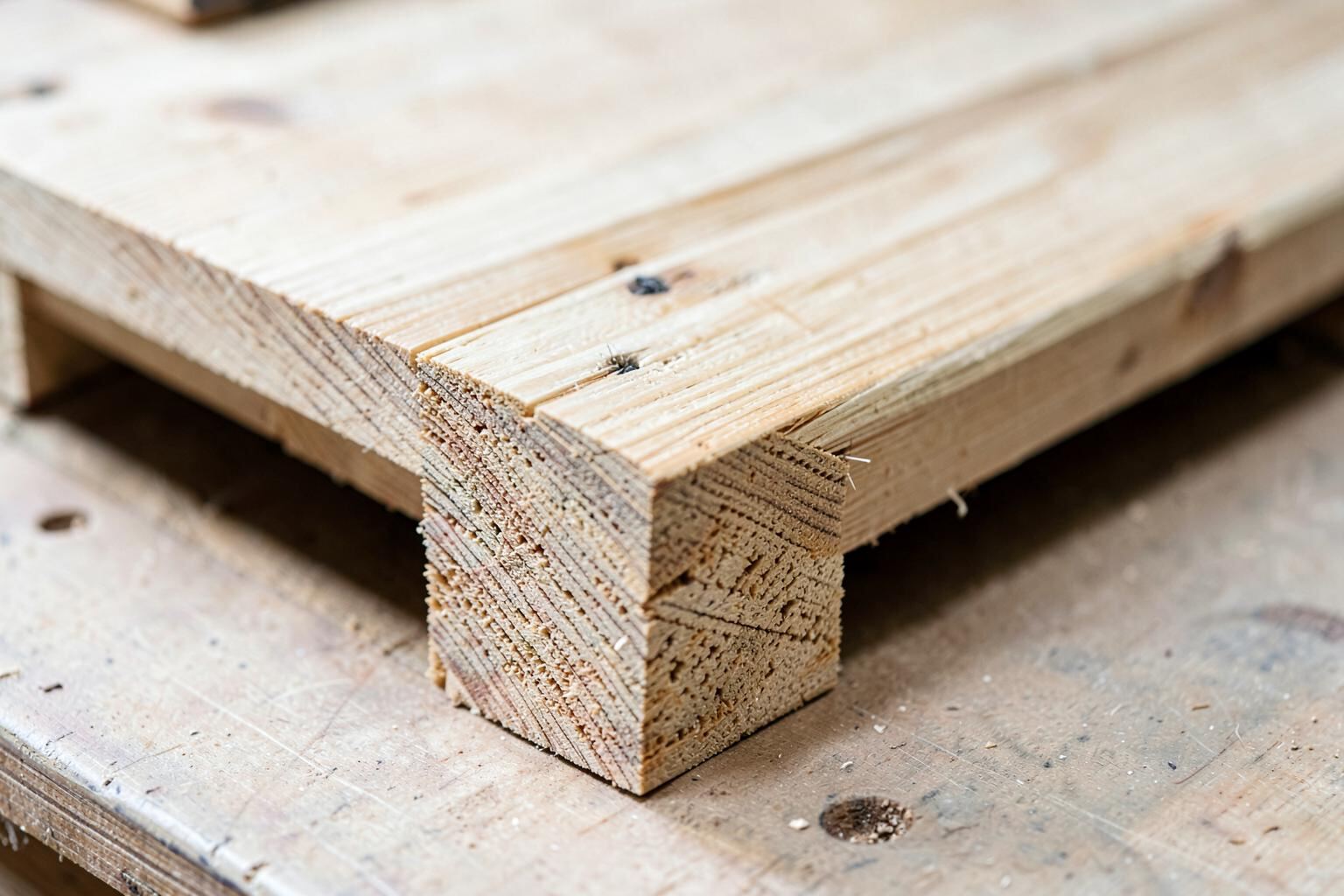 Close detail of pallet deck boards, bearers and fixings