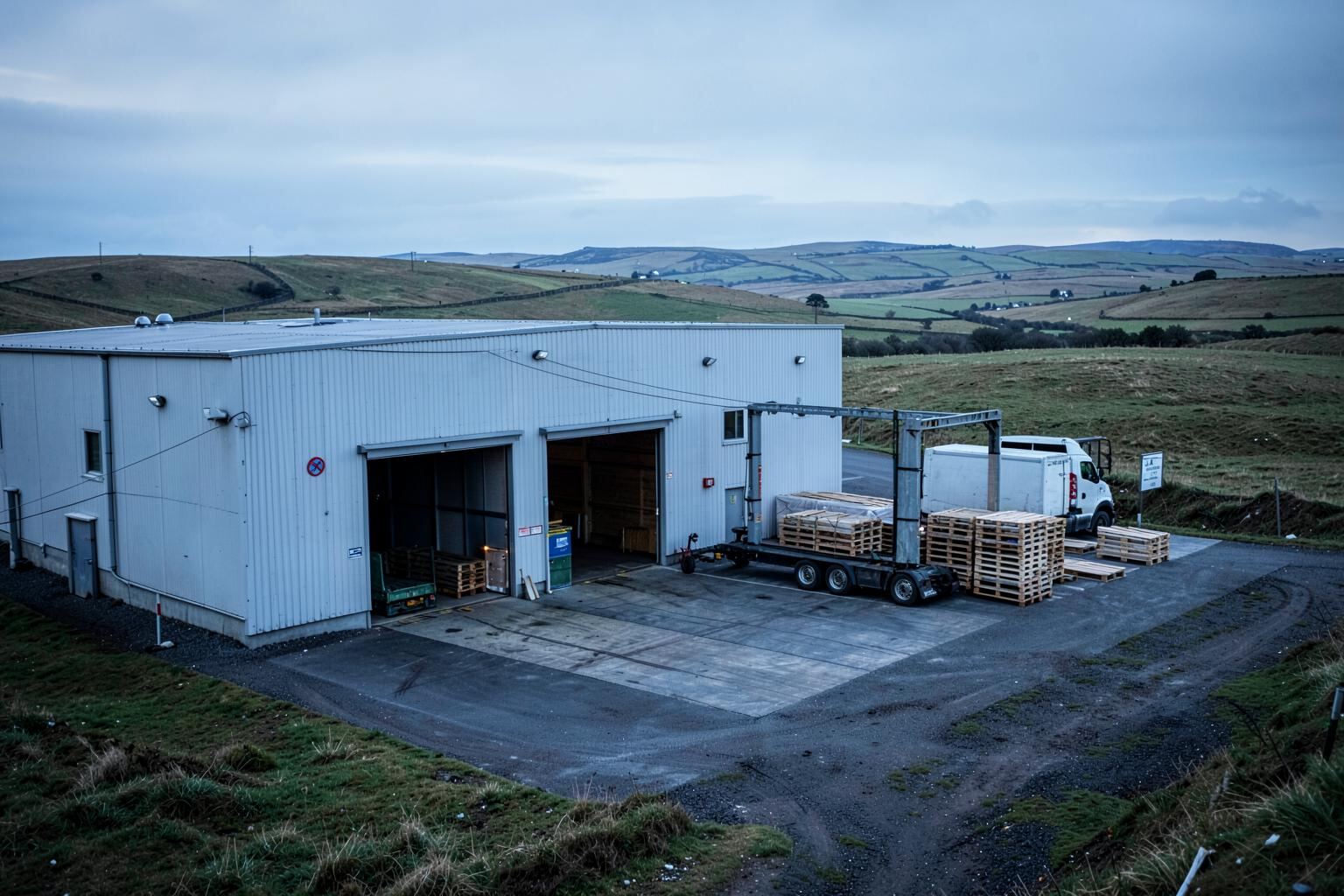 An Andover distribution site with timber pallets stacked outside