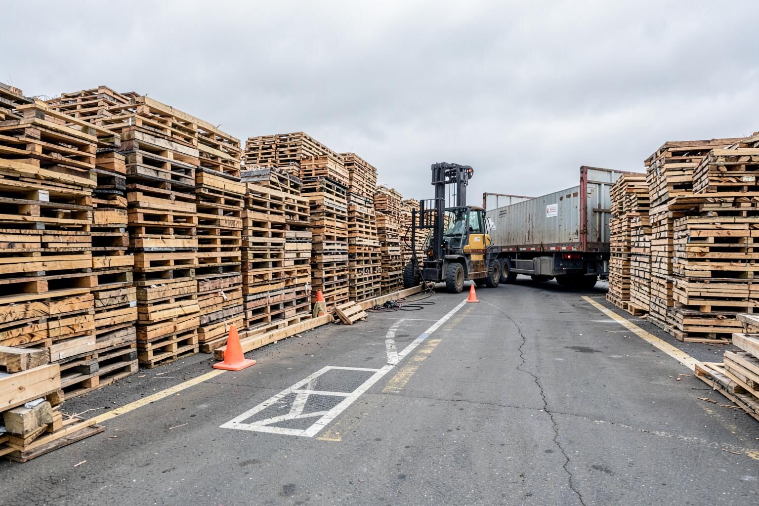 A backlog of mixed timber pallets being cleared from a warehouse yard