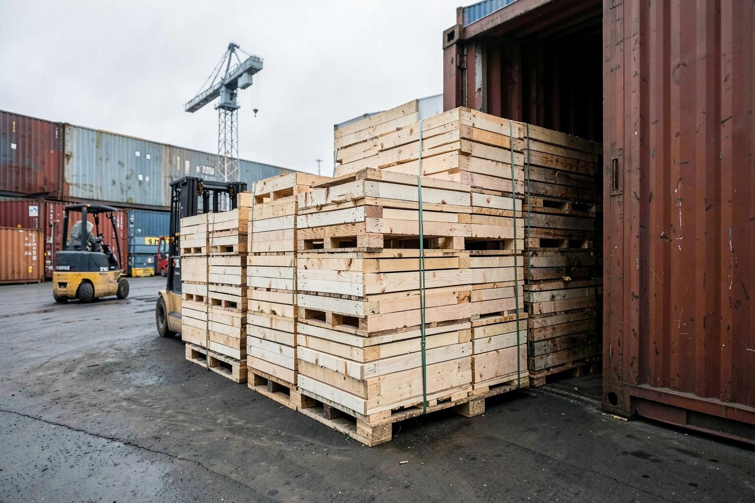 Palletised export freight staged in a port-side freight yard