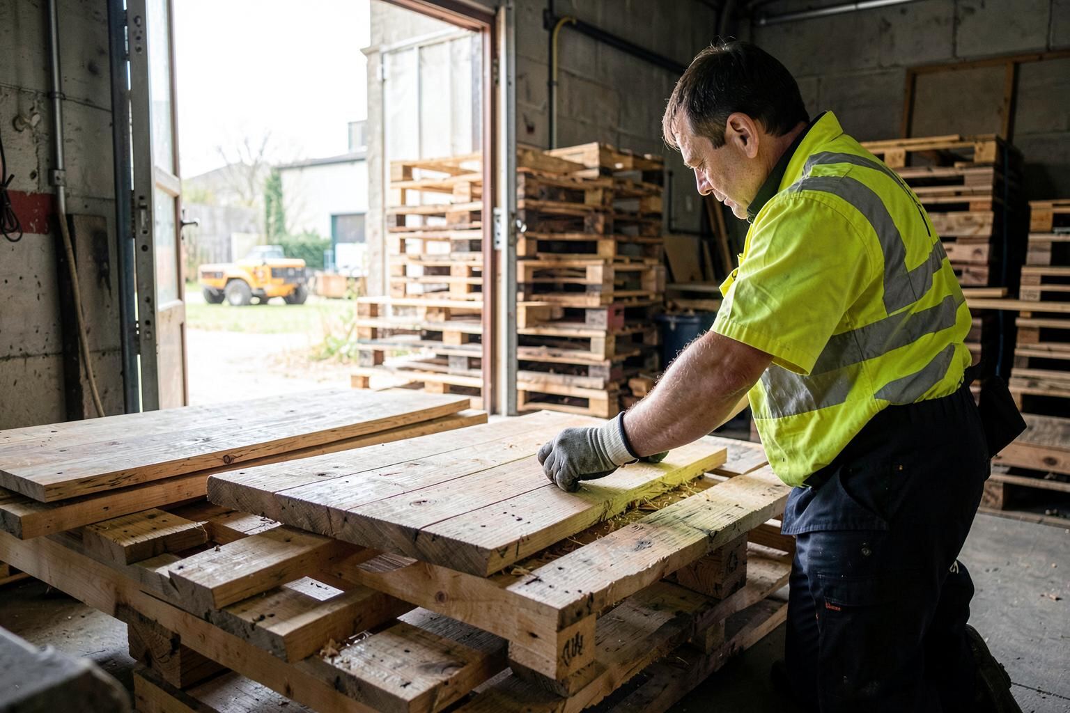 A pallet repair bench with timber boards and recovered pallets