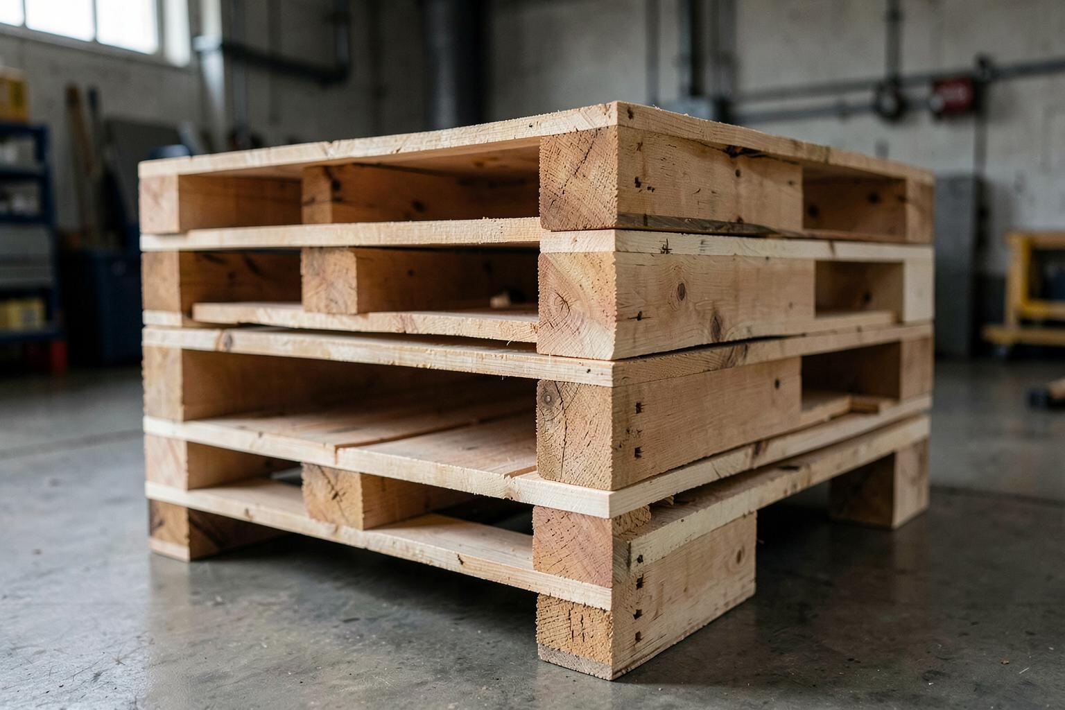 Euro-format block pallets stacked in a despatch bay