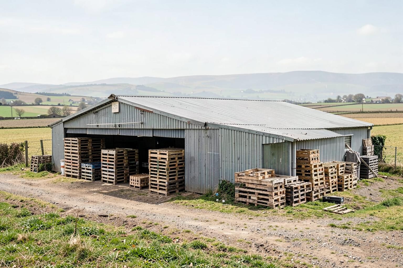 A rural West Sussex packhouse with pallets and crates outside