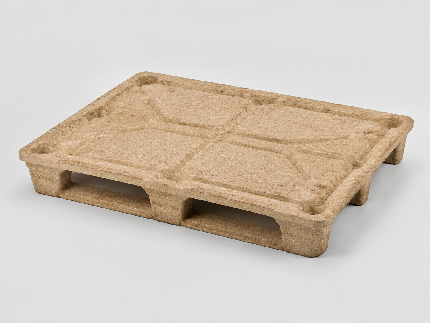 Illustrative studio image of a one-piece moulded presswood pallet with rounded integral feet