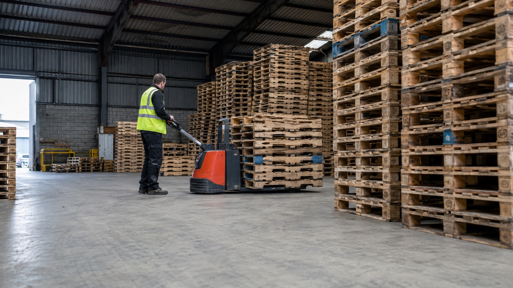 Timber pallets stacked inside a warehouse ready for sorting