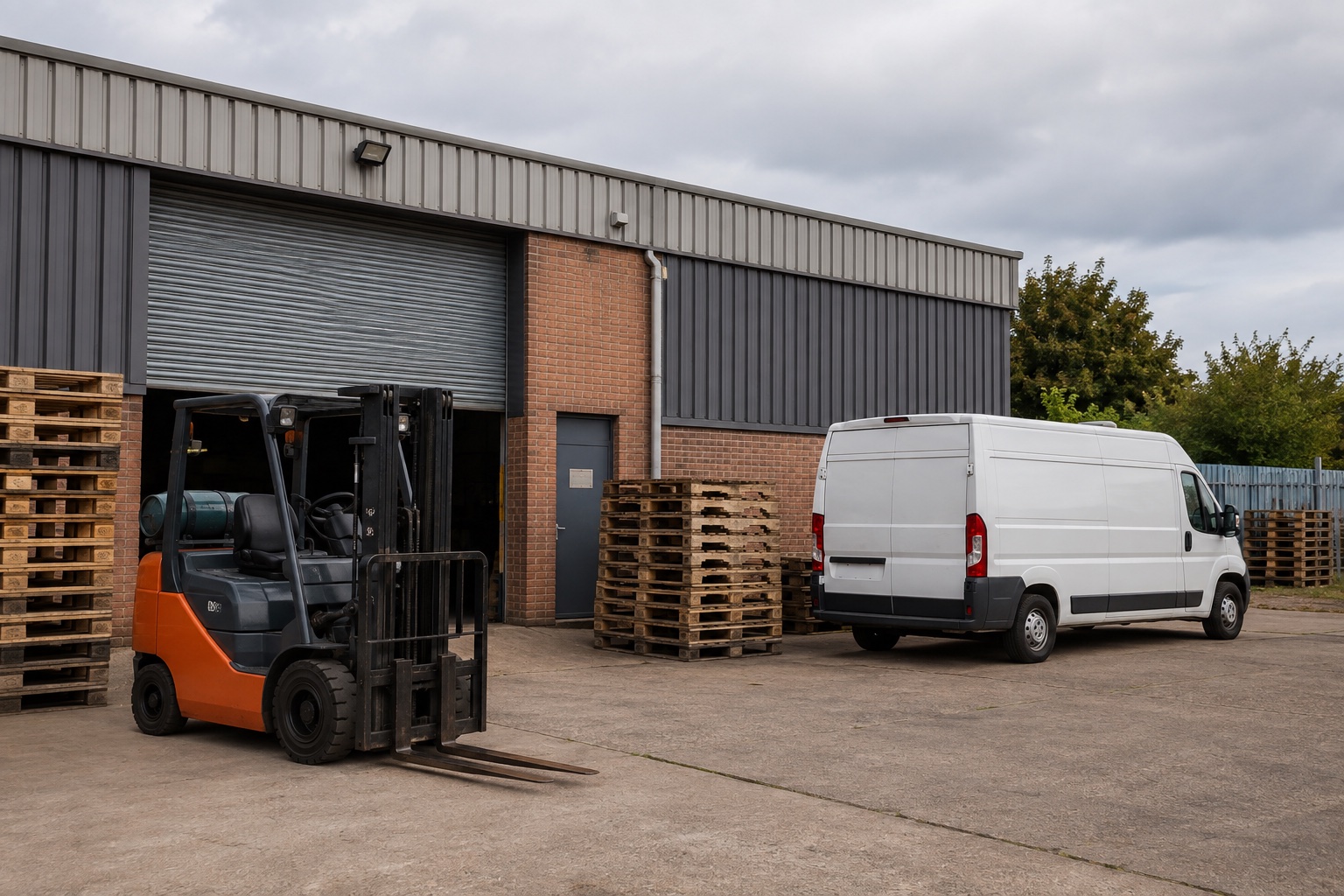 Illustrative Romsey trade-unit scene with pallets outside