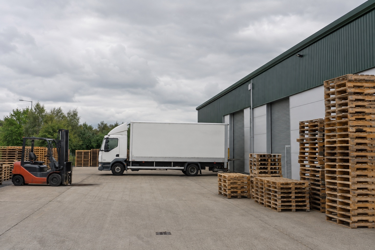 Illustrative Salisbury trade-estate scene with pallets and a delivery vehicle