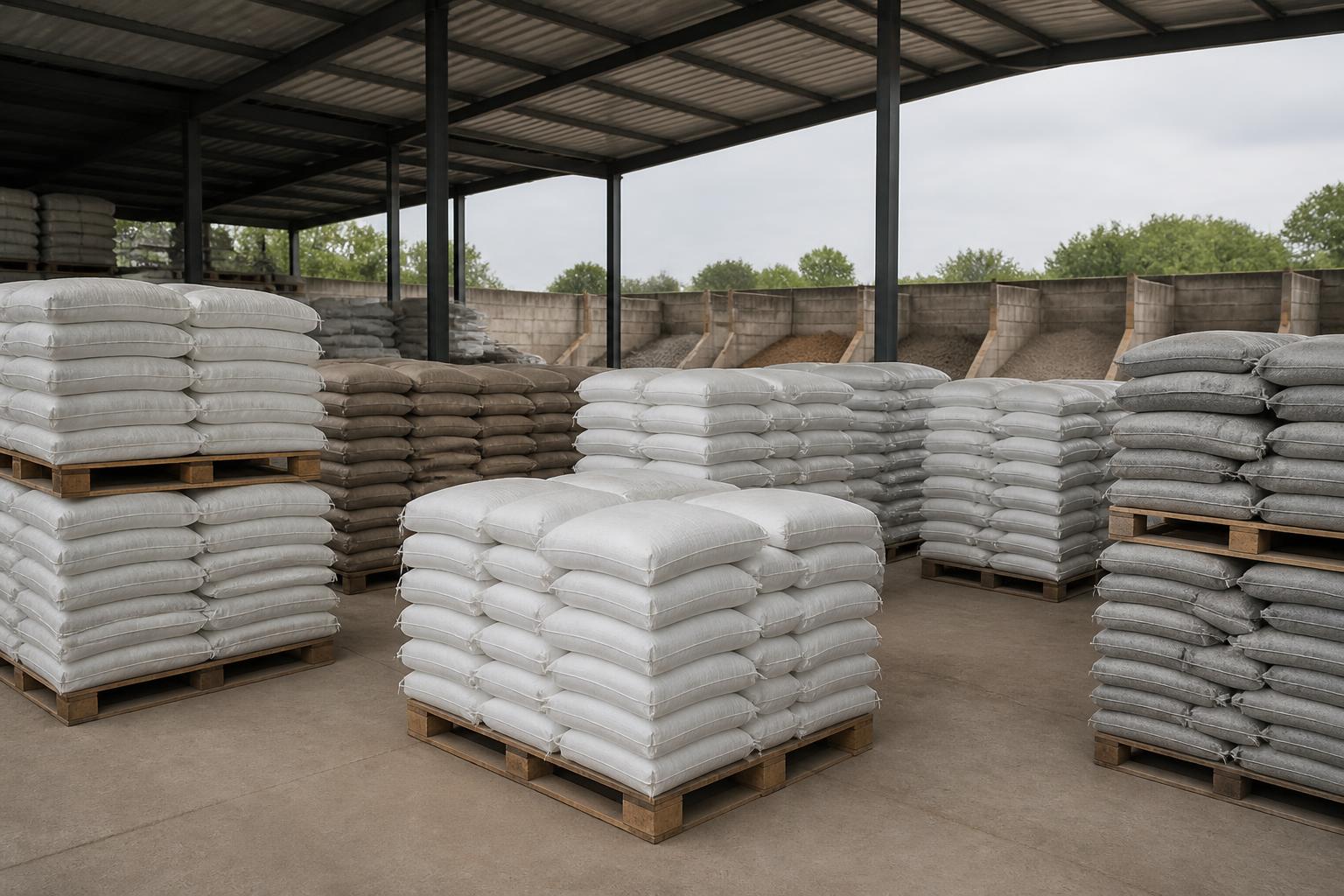 A builders' merchant yard with palletised building materials