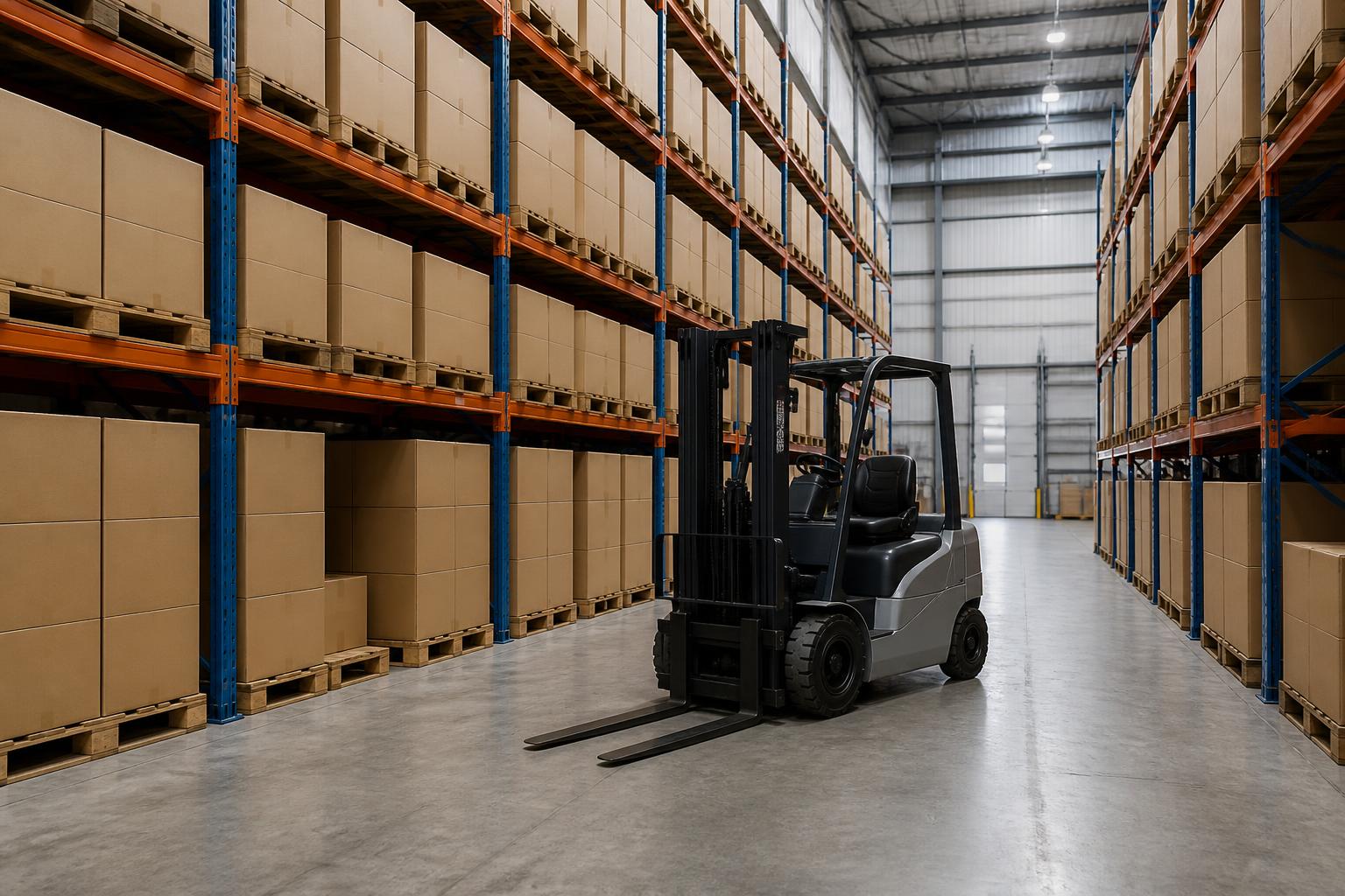 Palletised stock in high racking at a wholesale distribution warehouse