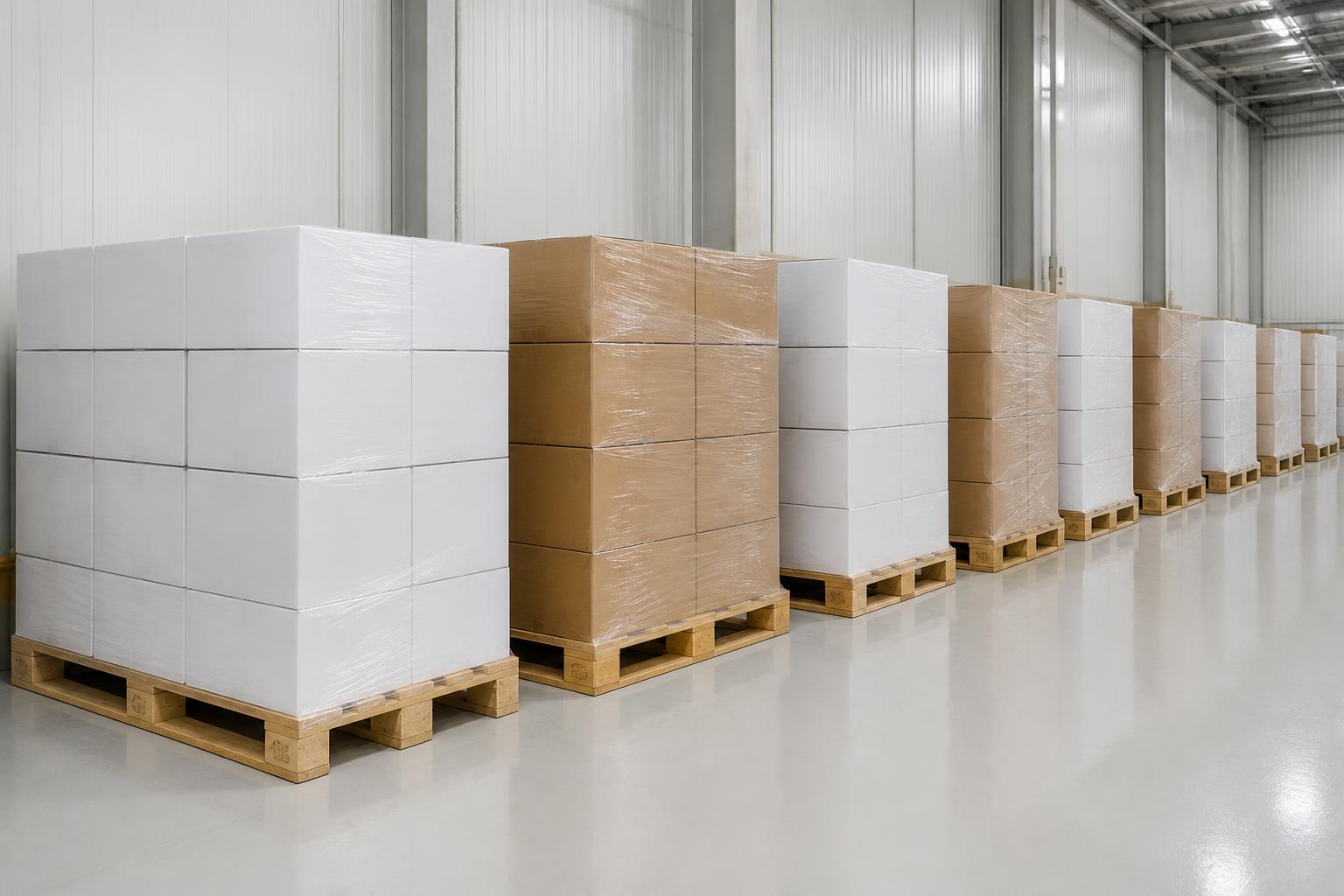 Palletised food and drink stock in a chilled distribution warehouse