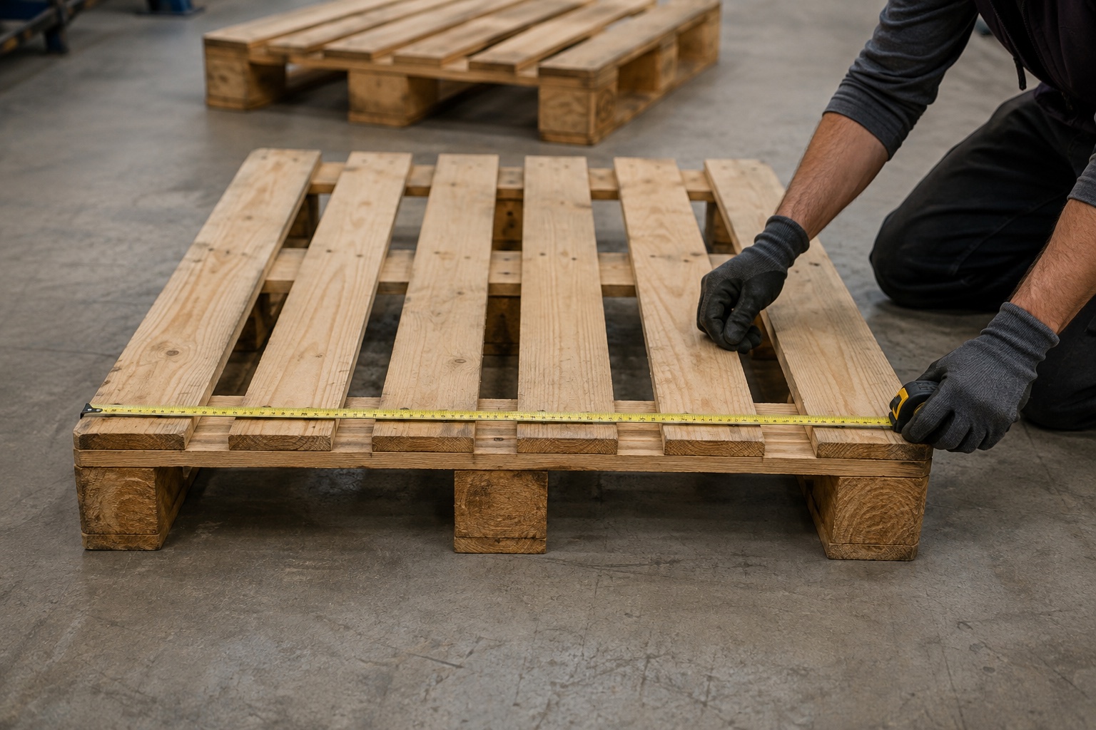 A timber pallet being measured across its deck