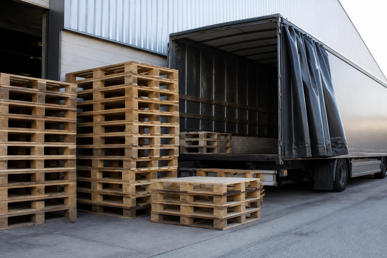 Plain timber export pallets stacked on a loading dock beside an open curtainside trailer