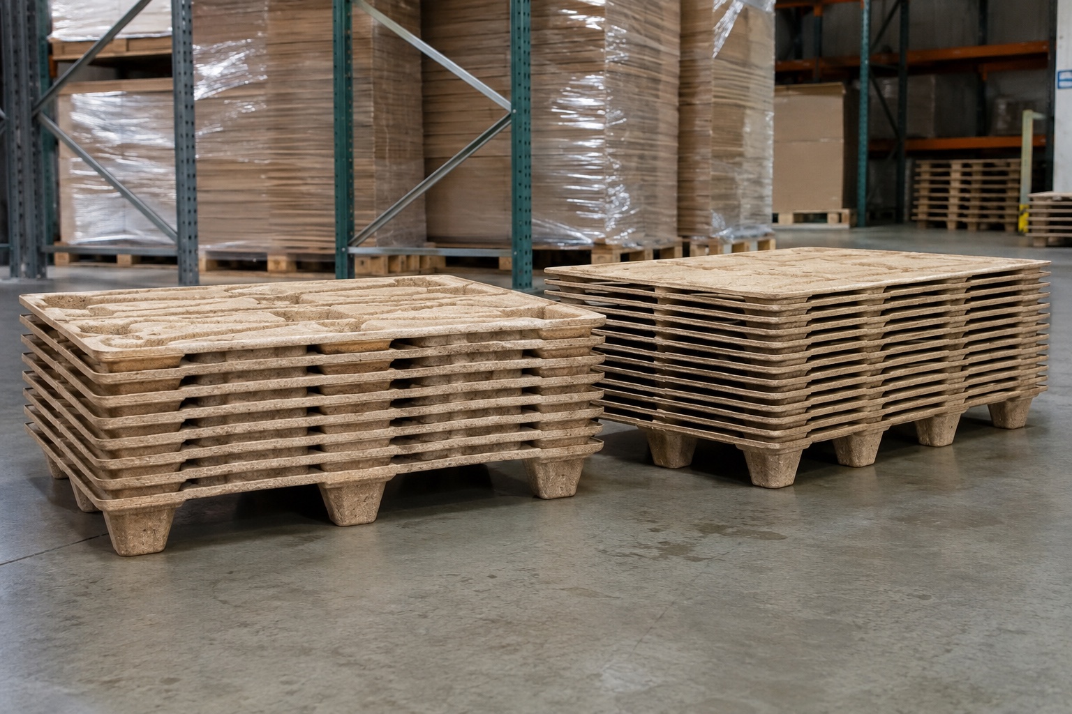 Nestable presswood pallets stacked in a warehouse