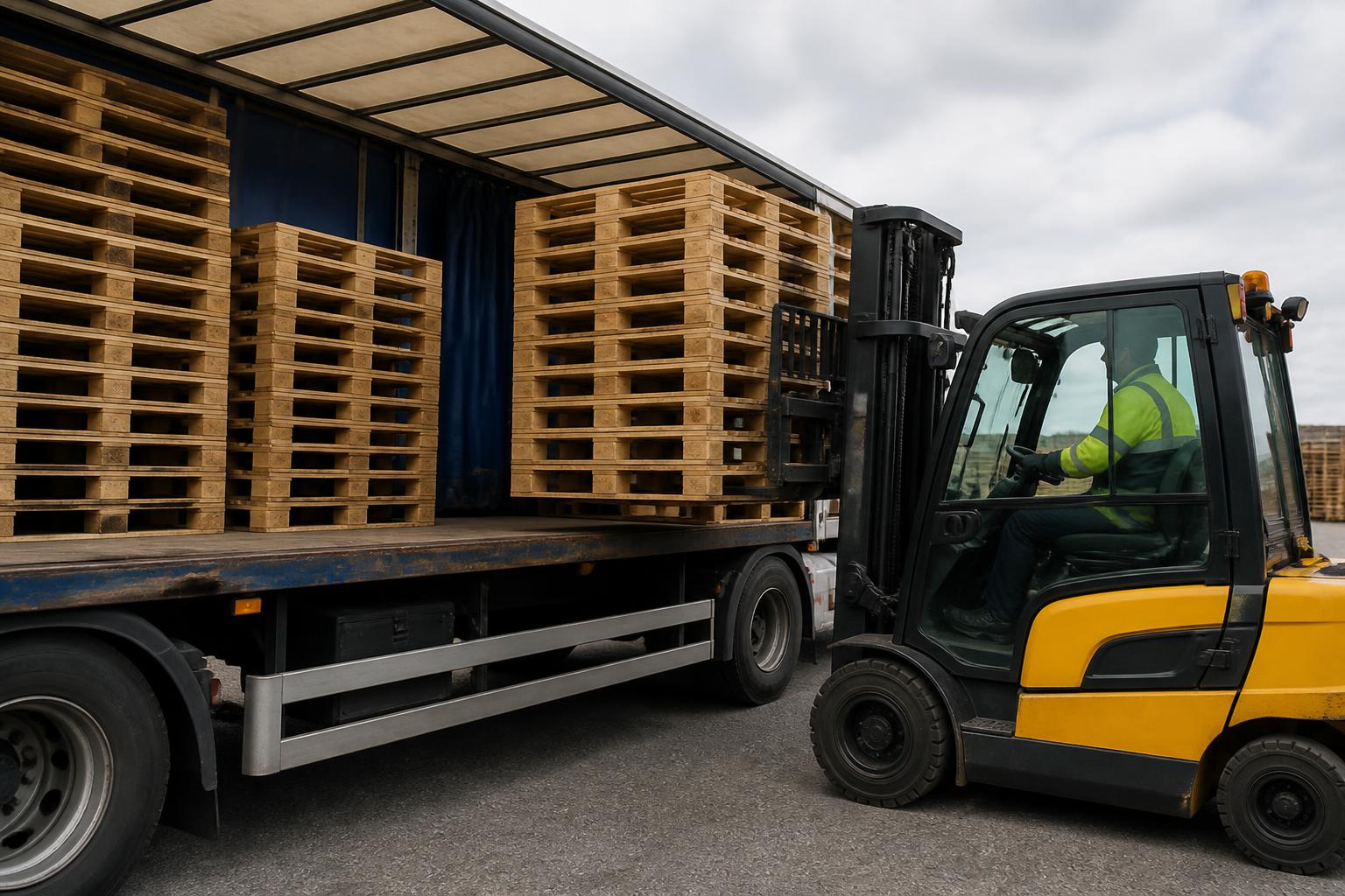 A forklift loading stacks of clean, graded used timber pallets onto a flatbed delivery lorry