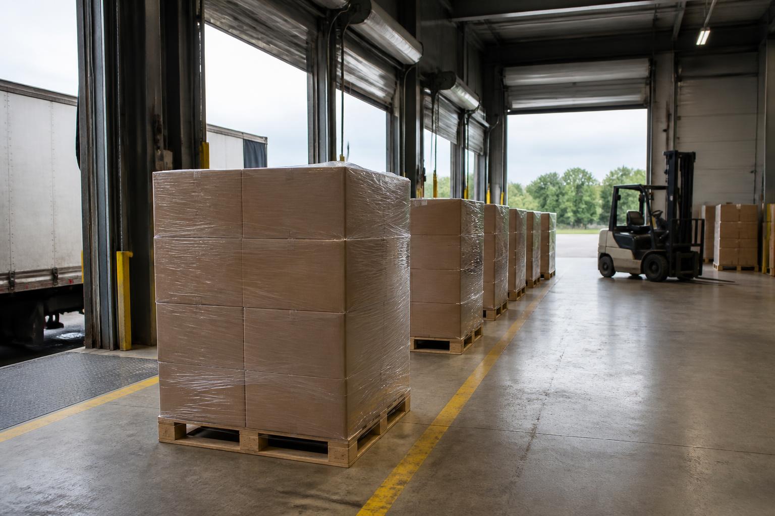 Palletised goods moving across a third-party logistics cross-dock