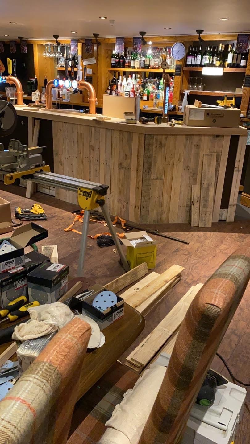 Hayling Island pub refurbishment in progress with reclaimed pallet boards, tools and materials