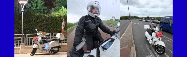 Three photographs from the Pompey to Pompeii ride showing Alex and the Vespa during the journey
