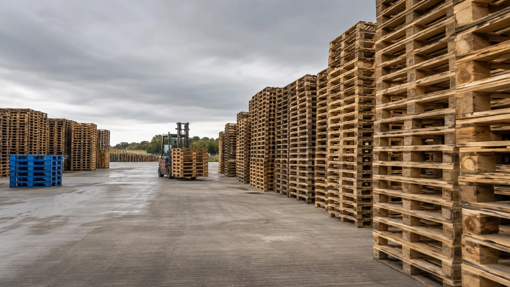 Graded reconditioned timber pallets stacked ready for account supply
